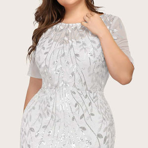 צמחים פירוט נצנצים עגול צוואר קצר שרוול רשת גדול שושבינה שמלה - Product Image 3