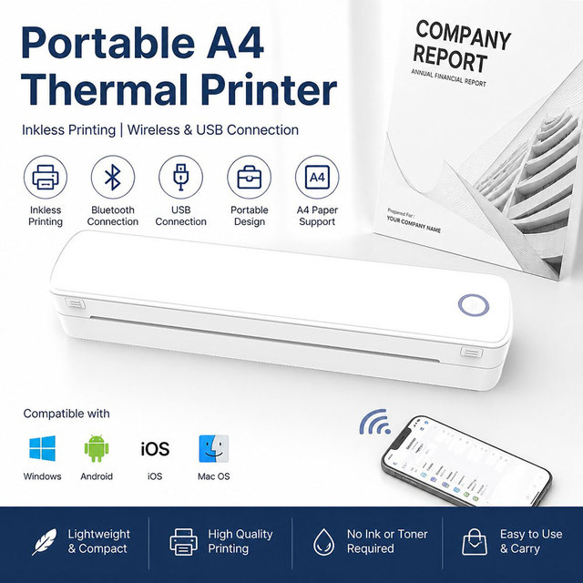 Wireless Thermal Inkless Printer, Supports US Letter & A4, Compatible With IOS, Android, PC for Travel, Black