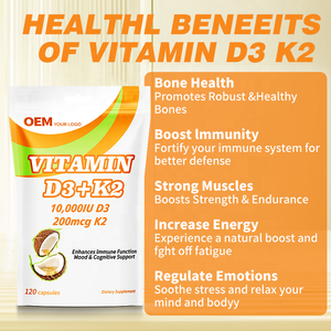 Cápsulas de Gel Suave Veganas de Vitamina D3 K2 OEM, Suplemento de Vitamina D3 y K2 con Aceite de Coco para la Salud Ósea - Product Image 2