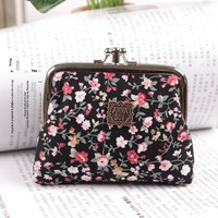 Dompet Koin Kanvas Gaya Retro Dua Lapis Tas Koin Bunga Multifungsi Tas Uang Koin Bunga Vintage Dompet Pengait Bunga Mawar