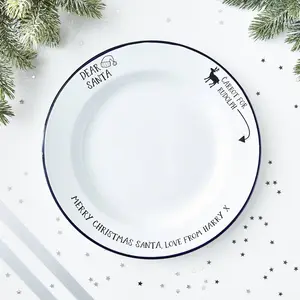 18cm white color small size personalized Santa christmas design flat metal round enamel dinner salad plate with black rim
