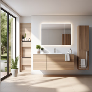 Light Wood <strong>Bathroom</strong> Vanity Set with LED Backlit Mirror <strong>Cabinet</strong> &amp; <strong>Tall</strong> Linen Storage <strong>Cabinet</strong> - Product Image 1
