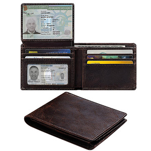 Genuine Leather <b>Wallet</b> <b>For</b> <b>Men</b> Multi Card Slot ID Window Crazy Horse Leather Coffee Brown <b>RFID</b> Blocking Business Style - Product Image 1
