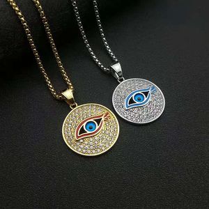 Collier pendentif œil bleu en acier inoxydable, serti pavé, rond, bijoux unisexe, cadeau DZ305B - Product Image 2