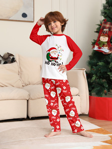 Conjunto de pijamas a juego con estampado de Papá Noel de Navidad, cuello redondo, manga raglán, ropa de descanso en contraste rojo y blanco - Product Image 4