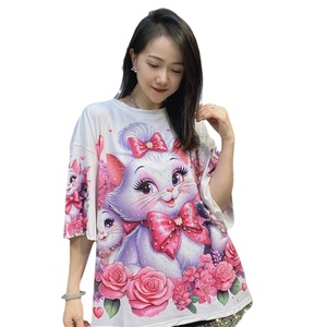 LFF-7132/ T-shirt da <span class=keywords><strong>donna</strong></span> a maniche corte con stampa gatto, casual, alla moda, con perline 3D, vestibilità ampia, <span class=keywords><strong>taglie</strong></span> forti, per l'estate - Product Image 5