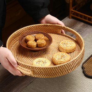 Bamboo Woven Round Serving <b>Trays</b> <b>Small</b> And Large Household Storage Dishware For Tea And Snacks Solid Pattern Huzhou Origin - Product Image 3