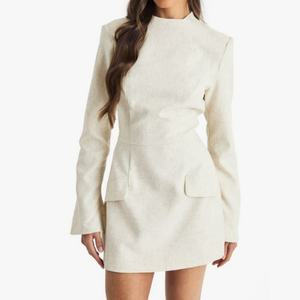 Nuevo Vestido Mini de Lino con Mangas Abullonadas para Mujer, Elegante, Cuello Alto, Corte Ajustado, Formal, para Oficina - Product Image 1