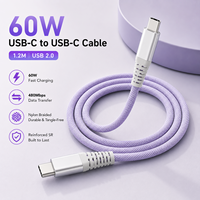 Câble de charge rapide USB C vers Type C PD 60W 1,2m 3A USB 2.0 Câble de données tressé en nylon pour smartphone ordinateur portable Fournisseur OEM ODM