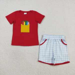 Conjuntos de 2 piezas de camiseta y pantalones cortos de algodón y elastano para niños, con estampado de crayones para la vuelta al cole, venta al por mayor, ropa infantil para primavera y otoño. - Product Image 4