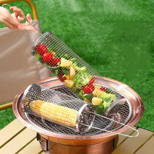 Cesta para barbacoa, cesta para asar de acero inoxidable, cesta para parrilla cilíndrica de malla de alambre, cesta redonda portátil para acampar al aire libre, estante para barbacoa