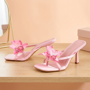 Sandalias de Tacón de Aguja para Mujer, Transpirables, Sexys, para Verano y Otoño, en Rosa, Blanco y Azul, con Punta Cuadrada, Cierre Deslizante, 8 cm, con Flores - Product Image 2