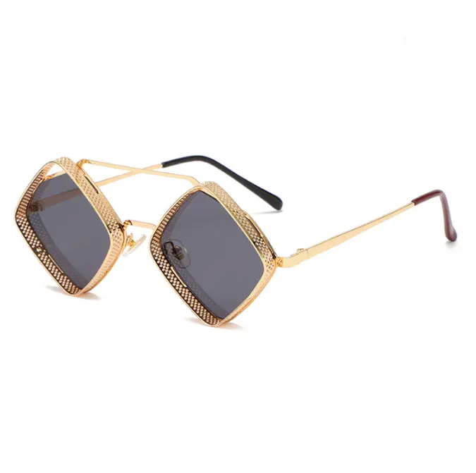 Qmoon Fashion High Quality Retro Style Glasses Metal Frame Polygon Diamond Lens Steampunk Men's Sunglasses