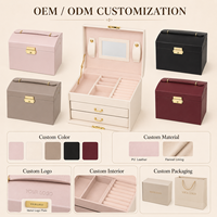 Boîte à bijoux rectangulaire de luxe avec logo personnalisé, 3 étages, en cuir PU, avec miroir, tiroirs, serrure et poignée