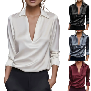 女性ファッションスプライスドトップロングカラーキュートシャツポリエステル生地エレガント秋ブラウスシンプル - Product Image 4