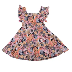 Custom Pattern Fall Girls Dress Wholesale Cotton Petal Sleeve Twirl Dress for Baby & Toddler Casual Style with Bow & Ruffles