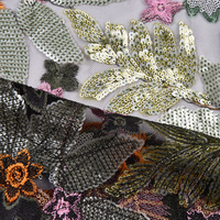 Tela Elegante con Bordado Floral de Lentejuelas Color Marfil, Malla de Encaje Colorida para Vestidos de Novia y Prendas de Alta Costura