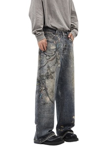 Vaqueros Rectos Holgados Distintivos de High Street para <span class=keywords><strong>Hombre</strong></span>, Estilo Vintage, Corte Real, Impresión Digital, Denim Oscuro, Populares - Product Image 3