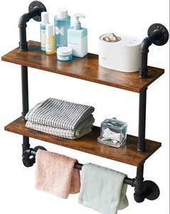 Estantes flotantes de tubería negra mate industrial de 2 niveles con toallero, estante de estilo vintage de granja de 24 pulgadas para Baño - Product Image 4