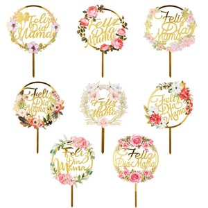 Décoration de gâteau pour la fête des mères, insert en acrylique rond avec inscription 'Feliz Dia Mama' en espagnol, magnifique couronne décorative - Product Image 1