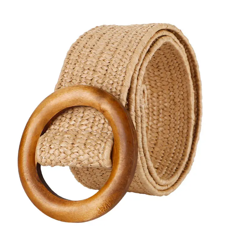 Women Dress Stretch Belt Strong PP Straw Knitting Belt Wooden Buckle Raffia Braided Belt