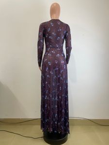 Abito lungo in rete stampato all-over 2026 da donna con spacco alto, design arricciato, sexy e aderente per tutti i giorni - Product Image 1