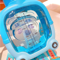 Bouteille d'eau en plastique à double paille avec couvercle rebondissant, motif ours magique, grande capacité, pour enfants