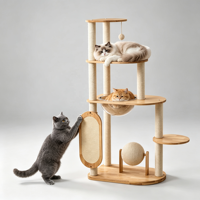 ScratchTower 127cm Arbre à chat moderne en bois d'hévéa, griffoir vertical en sisal, bol-capsule en acrylique transparent, nid en peau de mouton, carton roulant