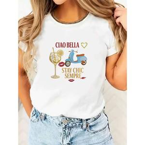 Atmungsaktives, lässiges CIAO BELLA STAY CHIC <span class=keywords><strong>SEMPRE</strong></span> T-Shirt für Damen mit Musterdruck, weich, bequem, normaler O-Ausschnitt, kurze Ärmel - Product Image 1