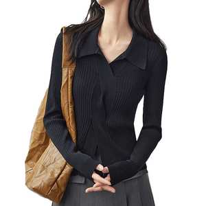 เสื้อสเวตเตอร์คอกลมแขนยาวสไตล์วินเทจสำหรับผู้หญิงเสื้อถักโปโลเสื้อสเวตเตอร์เสื้อสวมหัวสีพื้น - Product Image 2