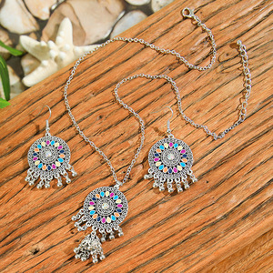 Ethnic <b>Silver</b> Plated Jewelry <b>Set</b> Tassel <b>Necklace</b> And Earrings With Colorful Inlay For Women Everyday Wear - Product Image 4