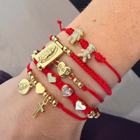 LS-B10138 Meilleure Vente Bracelet Religieux Vintage en Tissu Tressé et Perles, Breloques Pièce de Monnaie, Perle, Croix, Cœur, Cadeau de Fêtes
