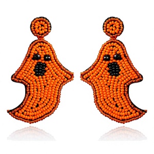 Boucles d'oreilles perlées Halloween Orange fantôme pour femmes patriotique Memorial Day Orange blanc bleu couleur tissu matériel - Product Image 1