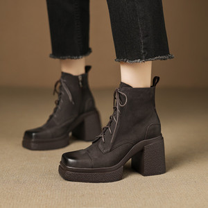 Botas de media pantorrilla de tacón grueso, impermeables y antideslizantes, de piel de vacuno de primera calidad, color liso, estilo retro, con cinturón decorativo, las más vendidas. - Product Image 5