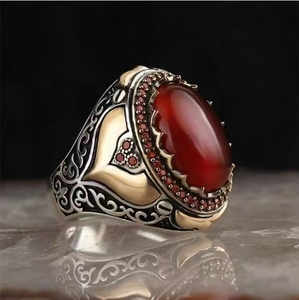 Edelsteinring im Retro-Stil mit ovalem Einlegedesign, Rot und Schwarz, Legierungsringe für Männer und Frauen - Product Image 1