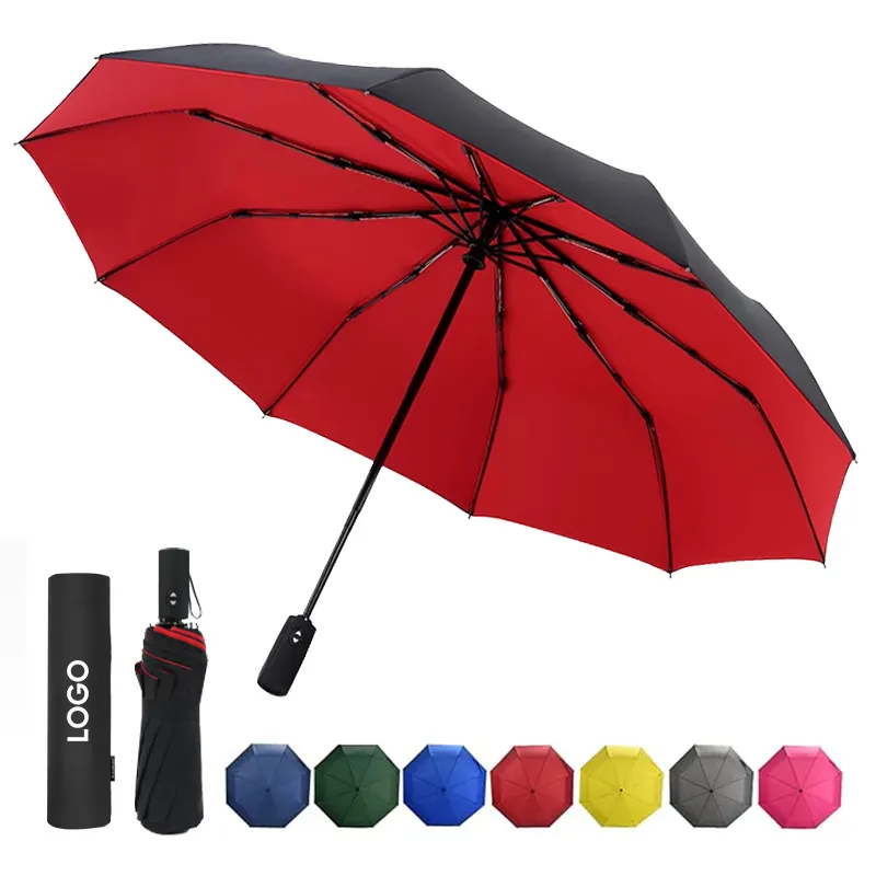 custom travel fully-automatic Pongee double layer Windproof portable cheap 3 folding umbrella with logo for rain