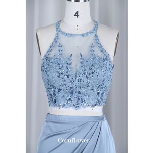 दो टुकड़े ब्राइड्समेड ड्रेस ब्लू हैल्टर साइड स्प्लिट मर्मेड शाम सटन महिलाओं के लिए कपड़े पहने - Product Image 4