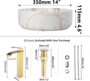 Combo <span class=keywords><strong>de</strong></span> fregadero <span class=keywords><strong>de</strong></span> baño <span class=keywords><strong>de</strong></span> mármol blanco-Tazón redondo sobre encimera <span class=keywords><strong>de</strong></span> 14 "+ grifo <span class=keywords><strong>de</strong></span> <span class=keywords><strong>cascada</strong></span> y drenaje emergente - Product Image 2