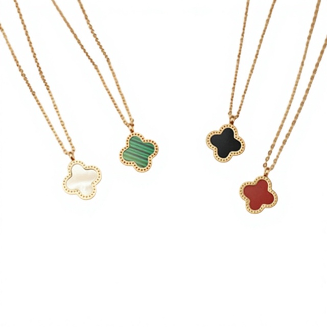 Stainless Steel 18k Rose Gold Flower Four-Leaf Clover Necklace Women Double-Sided Black Onyx Trendy Clavicle Chain Pendant