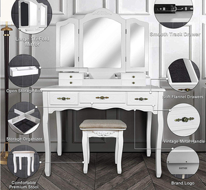 Grande coiffeuse rétro avec miroir, <span class=keywords><strong>6</strong></span> <span class=keywords><strong>tiroirs</strong></span>, table de maquillage, table à langer de luxe avec grand miroir - Product Image 5