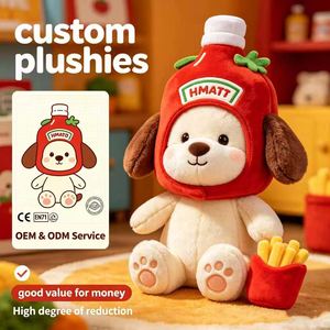 Llavero de perro de peluche OEM al por mayor con decoración de botella de salsa de tomate, personalización de regalos diarios para la cocina - Product Image 1