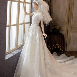 Robe de mariée de luxe princesse à paillettes légères Style moderne avec dentelle de <span class=keywords><strong>tulle</strong></span> perlée Design dos nu Train chapelle printemps et été - Product Image 1