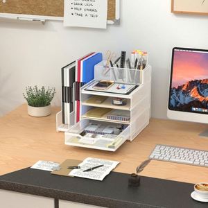Office Desk Organizer with Upright <b>File</b> Holder 4 Tier Mesh Letter Paper Tray Organizer with Pen Holder Office Supplies - Product Image 3