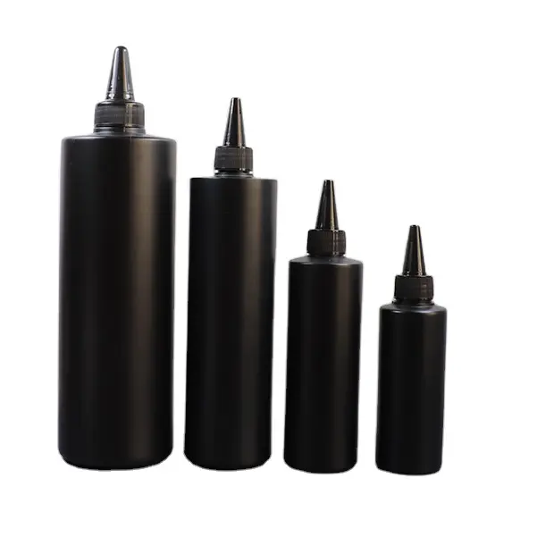 50ml 100ml 120ml 200ml 500ml Đen HDPE chai cổ 4oz PE bóp chai với Twist cap lời khuyên vòi phun vít đầu