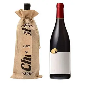 गर्म बेच प्रकृति बर्लेप अंगूर शराब उपहार पैकेजिंग बैग Drawstring जूट शराब की बोतल बैग के लिए लोगो के साथ 750ML शराब की बोतलें