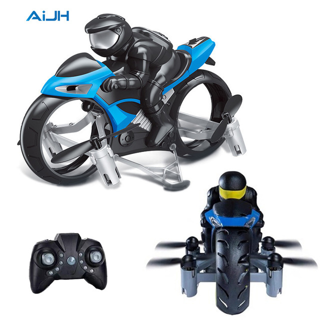 AiJH 2.4ghz Rc Flying Motorcycle Mini Drone Land and Air Amphibious 2 in 1 Remote Control Motorcycle Toy