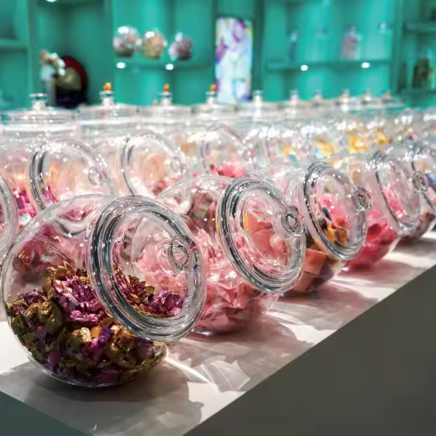 Round Flat Drum Candy Food Jam Spice Herb clear Plastic Candy Jar with Plastic Lids for Candy Store