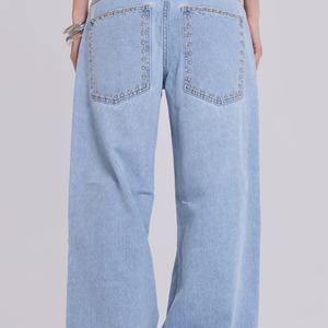 Pantalones Vaqueros Anchos Retro Y2K Azules Lavados con Remaches Laterales, de Algodón, Estilo Oversize, para Mujer - Product Image 3