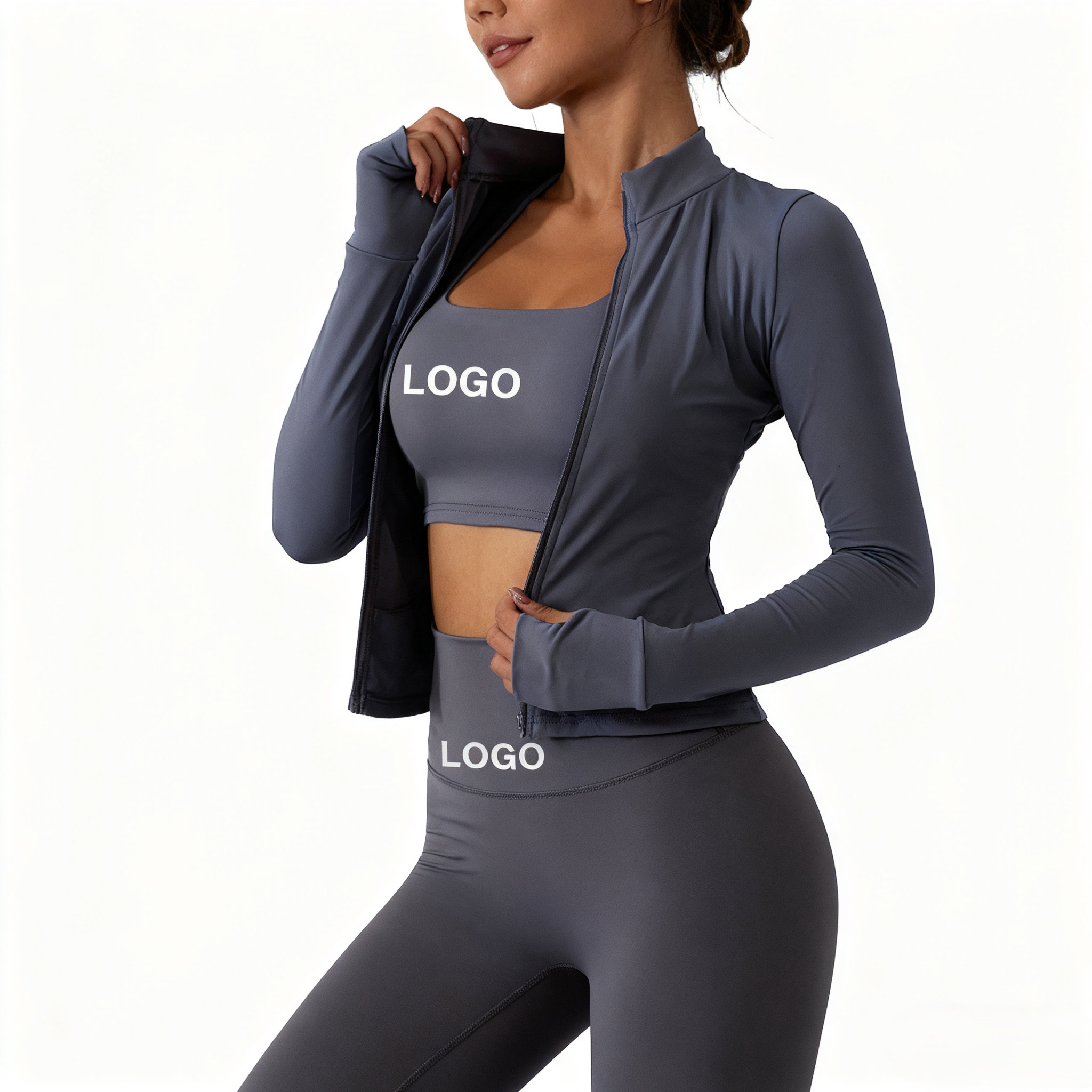 Wholesale Women's 3-Piece Eco-Friendly Fitness Gym Wear Set Yoga Jacket Leggings Sports Bra Front Print Spandex/Nylon Quick Dry