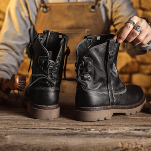 Botas de Hombre de Cuero Genuino Negro con Punta Redonda, Correa con Hebilla, Suela de Goma Antideslizante, Zapatos para Caminar para Todas las Temporadas - Product Image 2